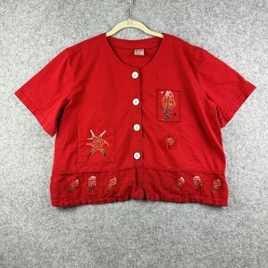 Vintage Cactus Cotton Cardigan Top Womans XL Red Painted Fish Sea 90s Y2K Ocean*